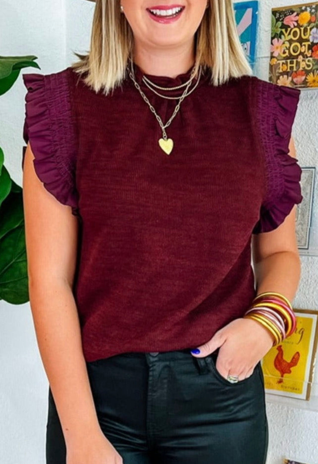 Burgundy ruffled top