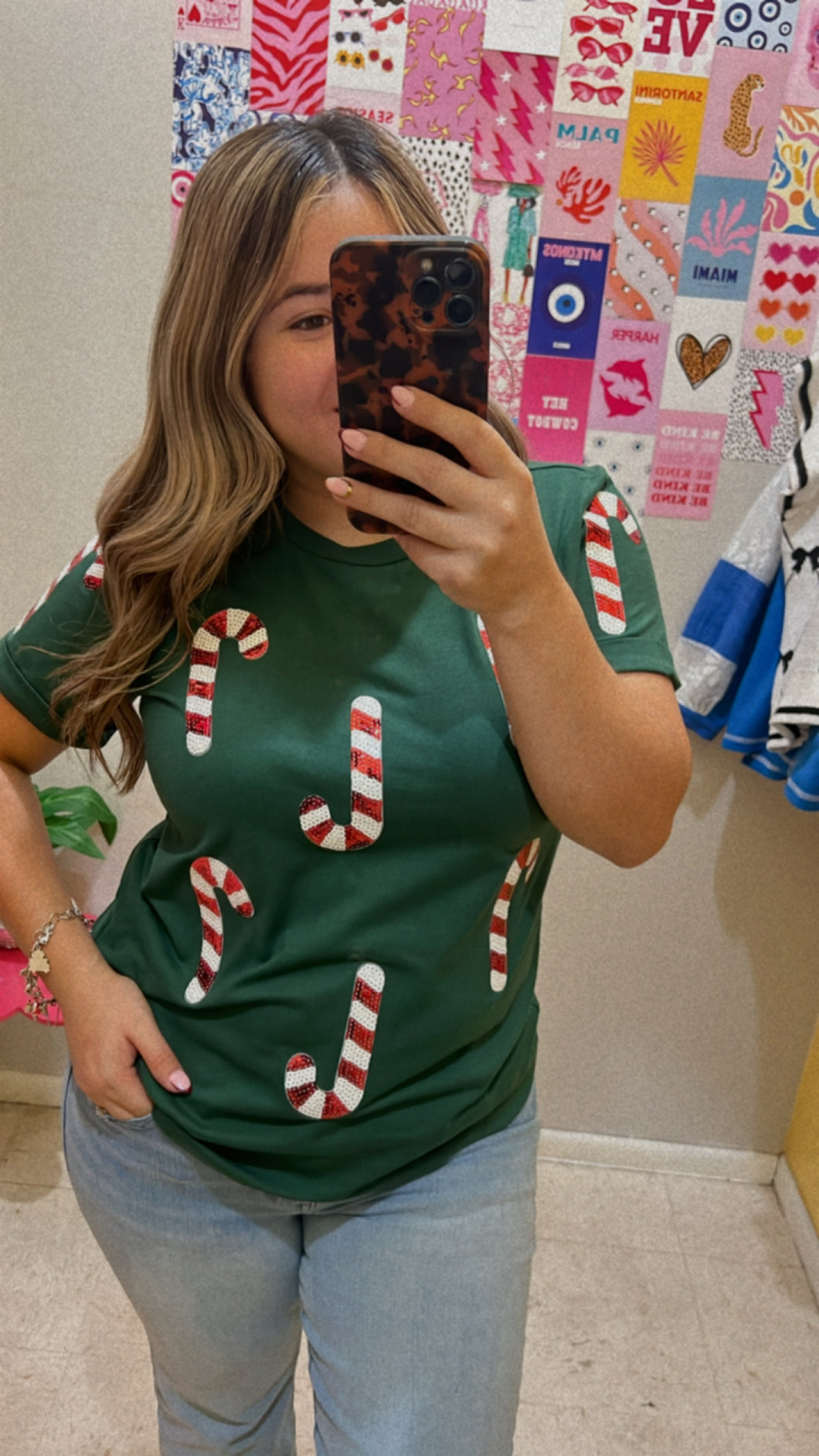 Candy cane sequin patch top